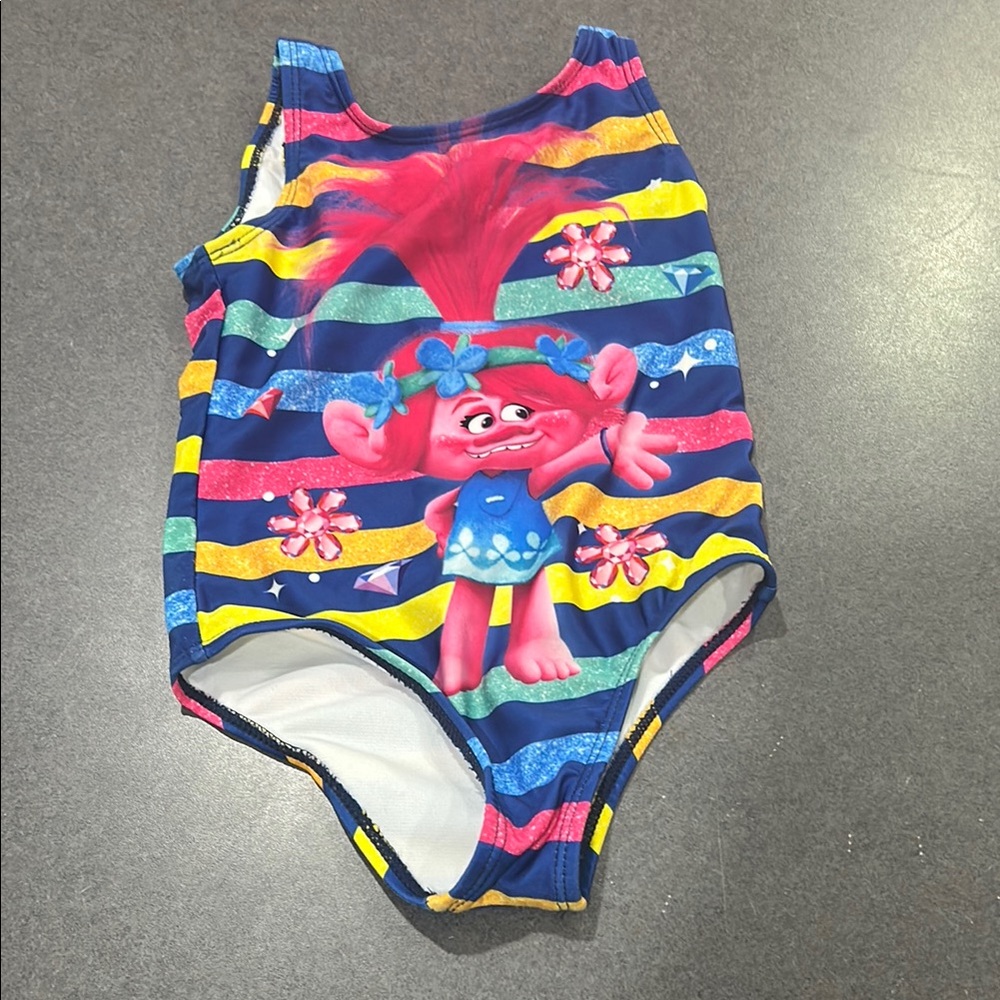 Trolls Blue and Pink One Piece Swimsuit with Cartoon Fish